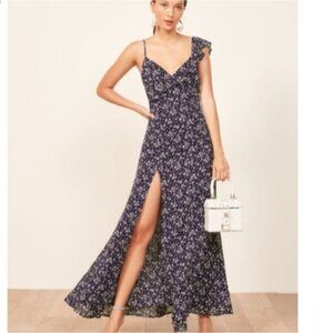 Reformation Trista Dress Size Medium Fits Large Navy Blue Formal Microfloral